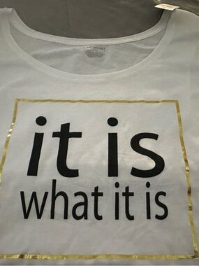 Lane Bryant White Tee with Black Slogan and Gold Trim